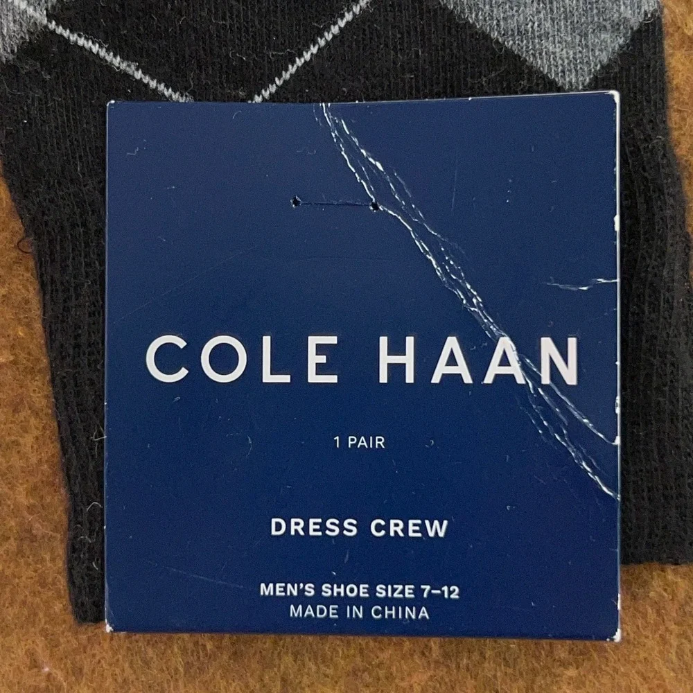 Cole Haan Mens 7-12 Black Grey Argyle Comfort Stretch Dress Crew Socks NWT
